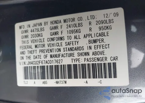 2010 Acura Tsx 2.4 из США, поврежденный, VIN JH4CU2F67AC017627